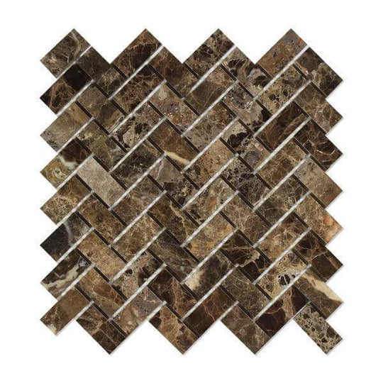 Emperador Dark marble 1 x 2 herringbone mosaic tile commercial and residential interior and exterior shower backsplash countertop deck patio wall floor decorative