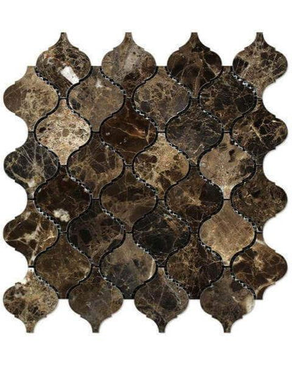 Emperador Dark Marble Lantern Mosaic Tile in arabesque design with polished or honed finish, featuring deep brown tones and natural veining