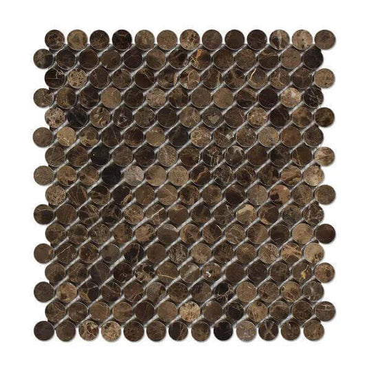 Emperador Dark marble penny round mosaic tile commercial and residential interior and exterior shower backsplash countertop deck patio wall floor decorative