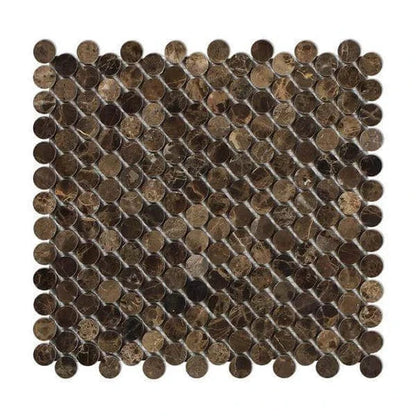 Emperador Dark Marble Penny Round Mosaic Tile in polished or honed finish, featuring rich brown hues and natural veining