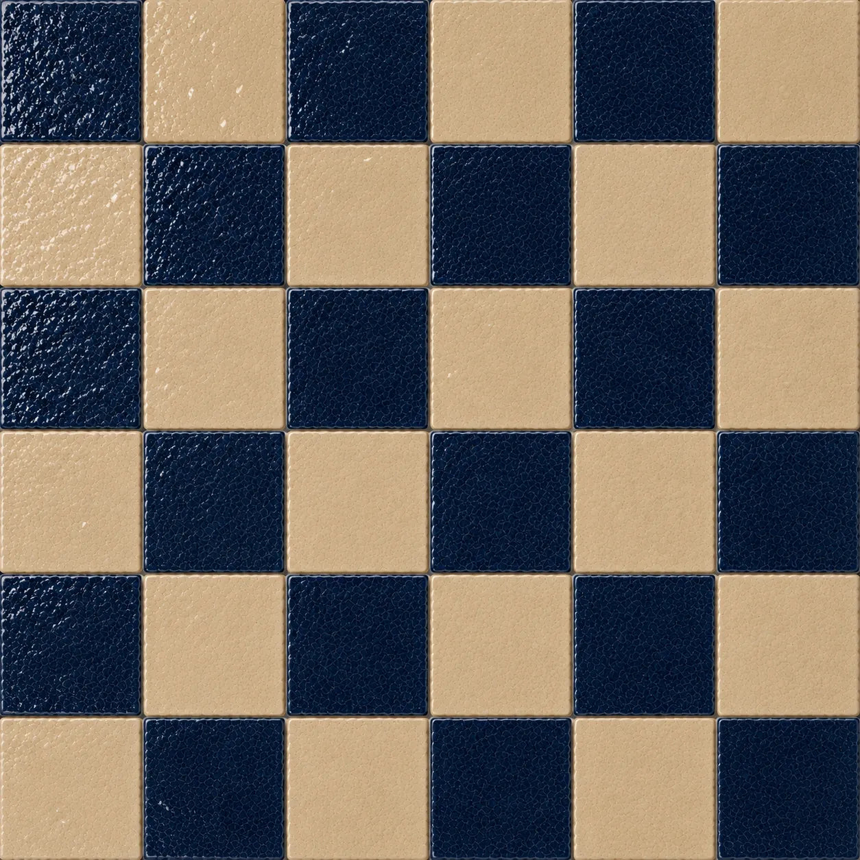 Pattern repeat of Geneviève 4×4 Zellige checkerboard in Indigo & Sand.