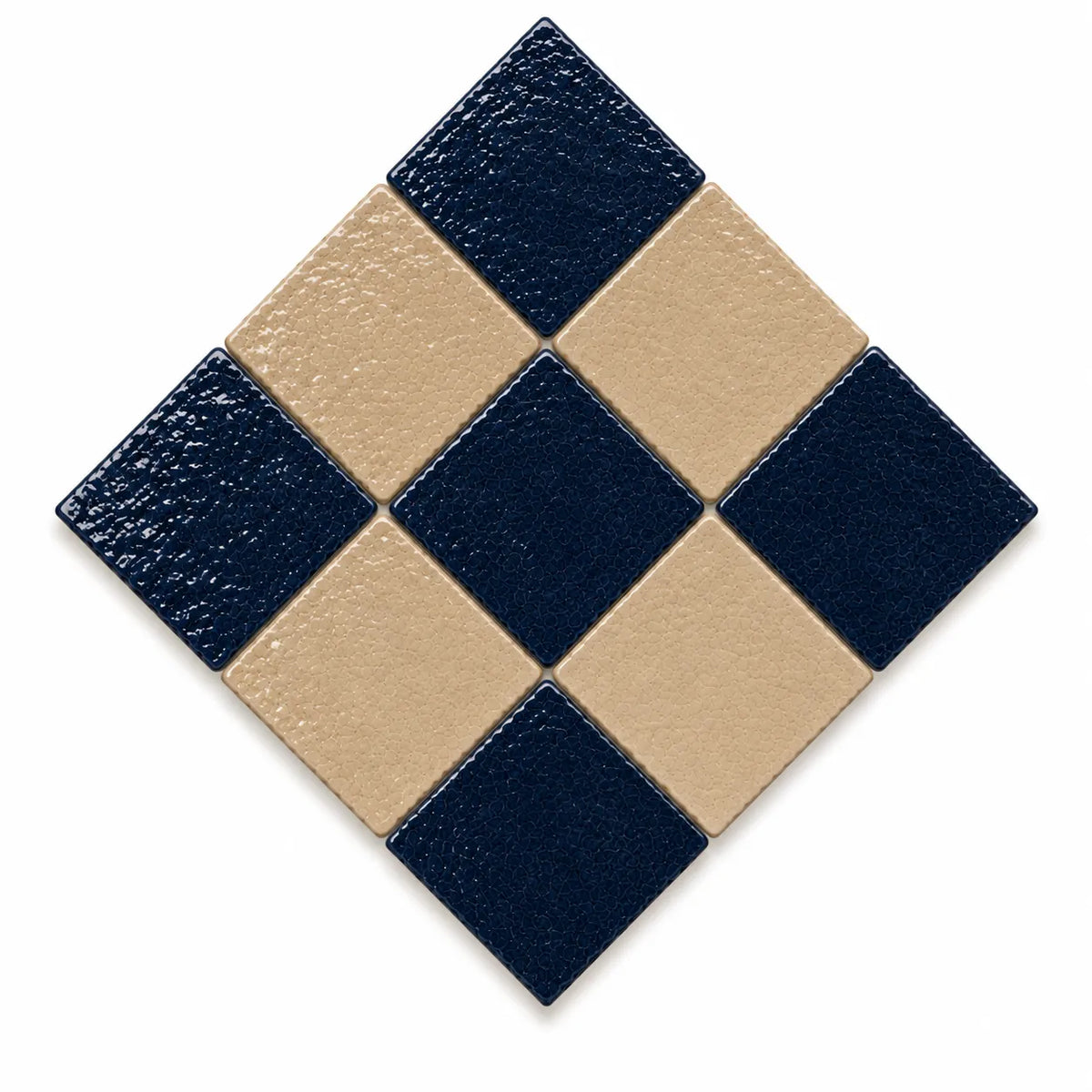 Geneviève 4×4 Zellige checkerboard in a 45-degree diamond layout, Indigo & Sand.