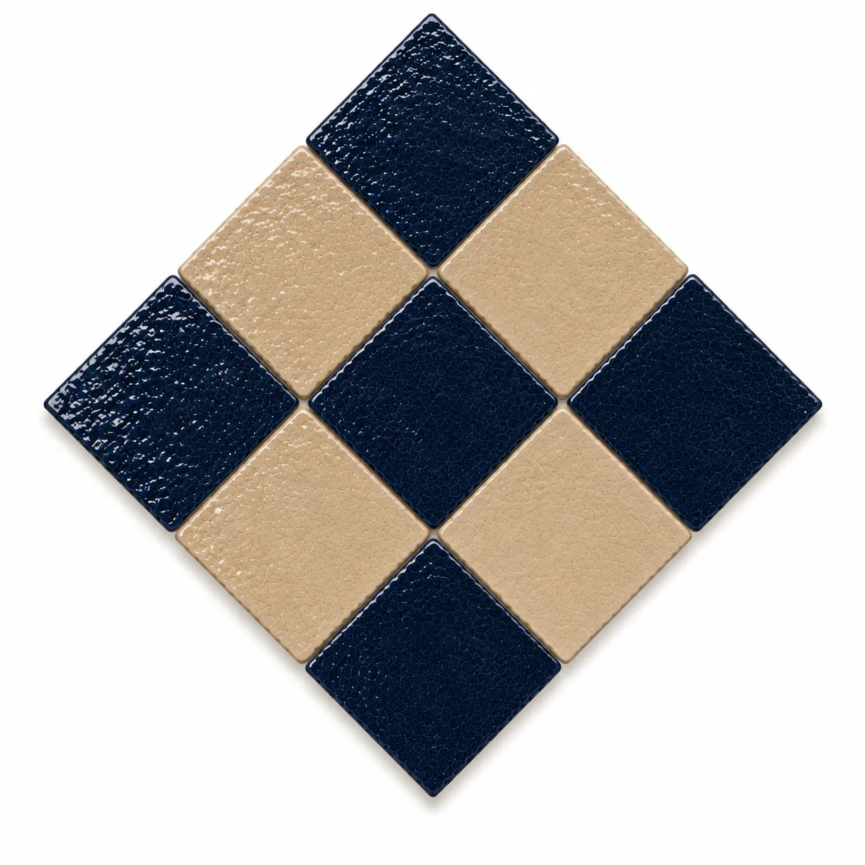 Genevieve Checkerboard Zellige Tile displayed in a 45-degree diamond layout featuring Indigo and Warm Sand Moroccan Zellige.