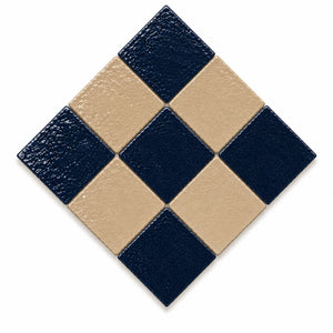 Geneviève 4×4 Zellige checkerboard in a 45-degree diamond layout, Indigo & Sand.