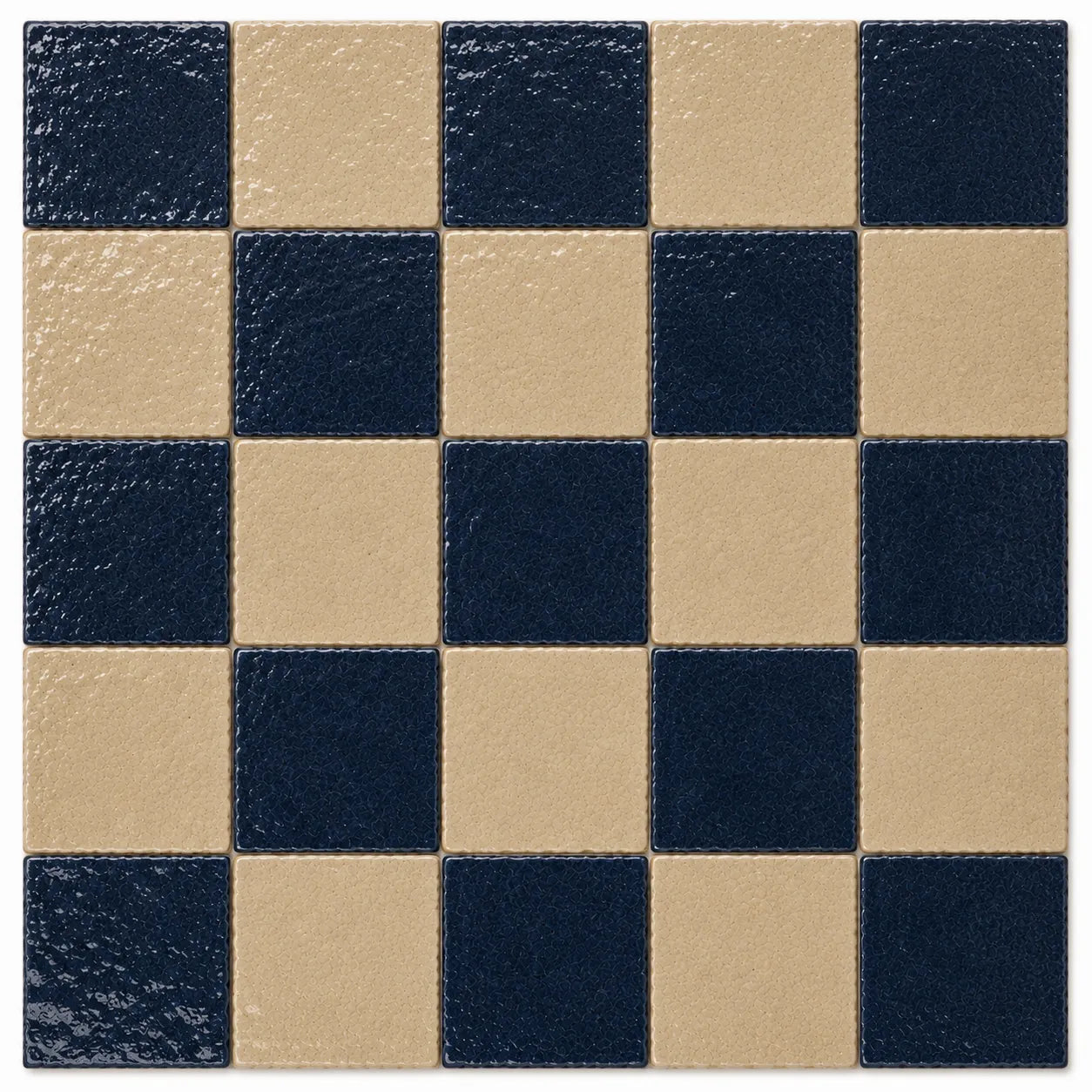 Geneviève 4×4 glossy Zellige checkerboard tile in Indigo & Sand.
