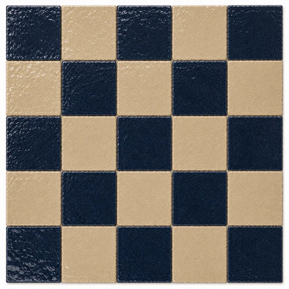Genevieve Checkerboard Zellige Tile featuring handcrafted Indigo and Warm Sand Moroccan Zellige in a classic checkerboard pattern.