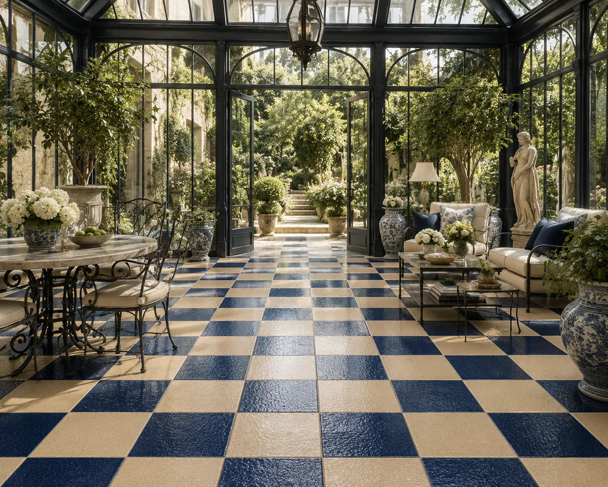 Geneviève 4×4 Zellige checkerboard installed in a conservatory, Indigo & Sand.