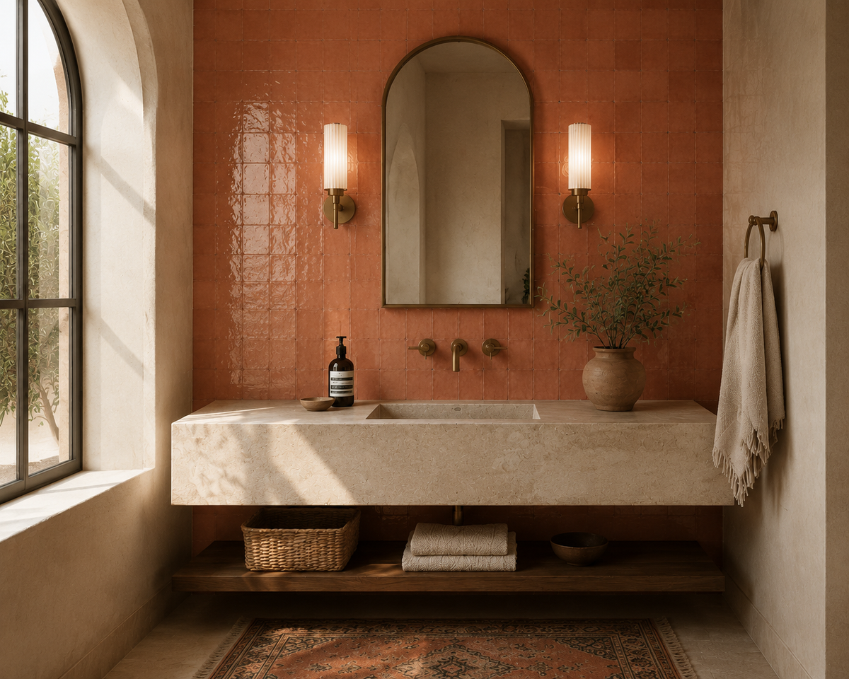 Luxury Mediterranean bathroom featuring handmade Moroccan Terracotta Zellige wall tiles with artisan glazed surfaces, warm natural light, arched architecture, brass fixtures, and timeless handcrafted design.