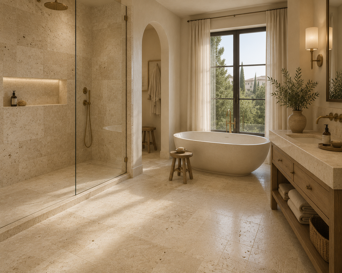 Luxury spa bathroom featuring Ivory Travertine natural stone tiles on shower walls and flooring, with warm beige tones, freestanding bathtub, brass fixtures, and Mediterranean-inspired design.