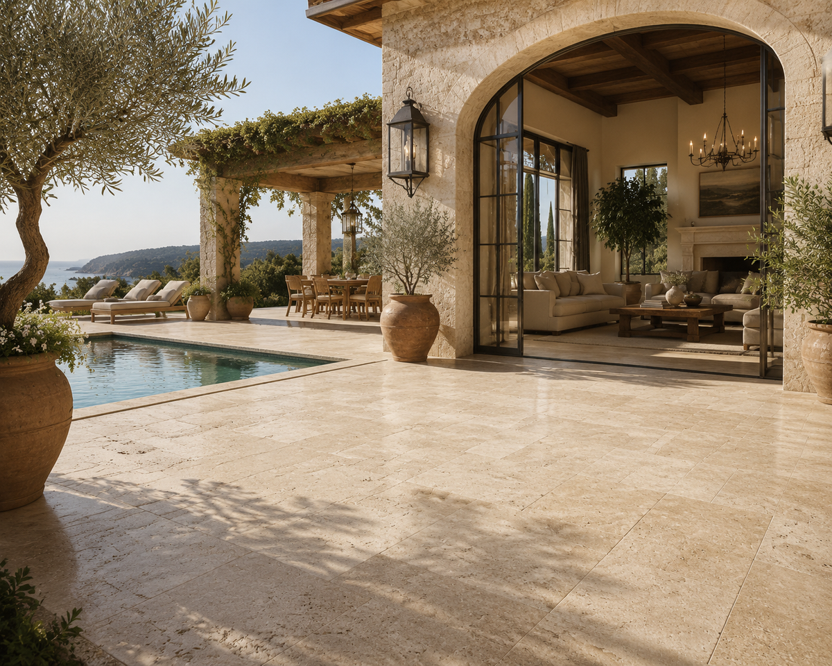Luxury Mediterranean villa featuring Ivory Travertine natural stone flooring across an indoor outdoor patio with warm beige tones, architectural arches, pool terrace, and timeless resort-style design.