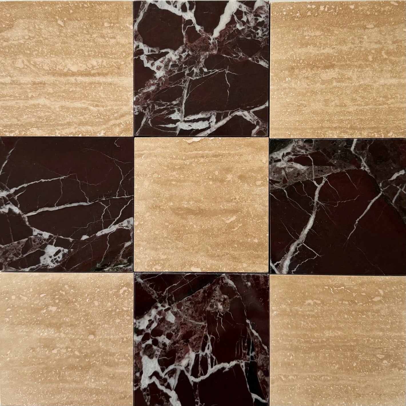 Rojo Alicante Ivory Travertine Vein Cut Checkerboard Tiles Polished or Honed