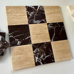 Checkerboard tile design featuring rich Rosso Levanto marble, known for its deep burgundy veins, paired with warm beige vein-cut Roman Travertine tiles. Ideal for creating luxury flooring or wall accents in interior designs