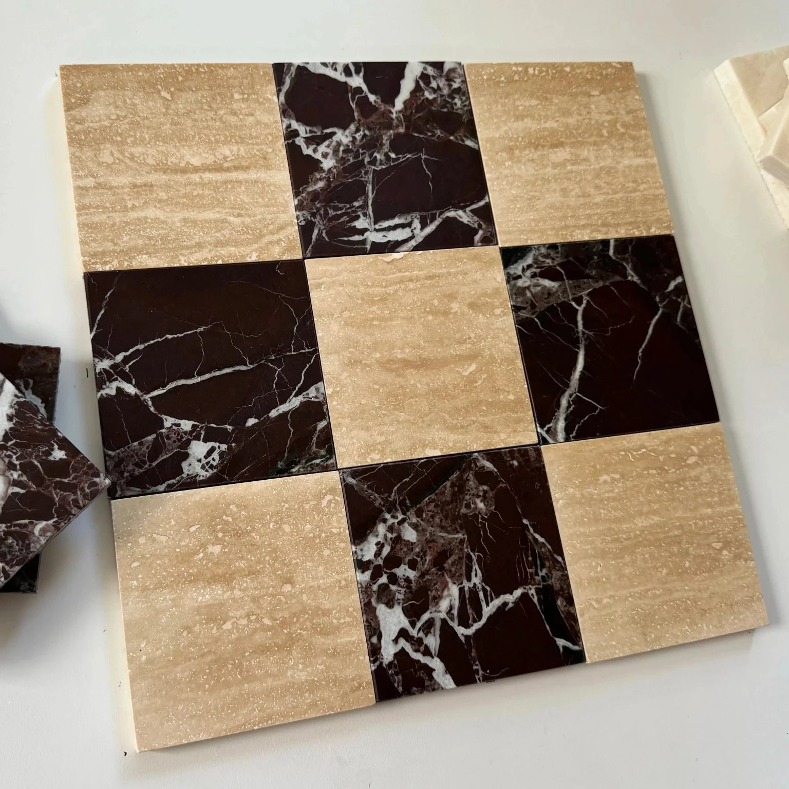 Rosso Levanto / Ivory Travertine Vein Cut Checkerboard Tiles - Tile  