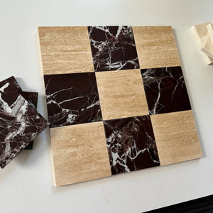 Rojo Alicante Ivory Travertine Vein Cut Checkerboard Tiles Polished or Honed