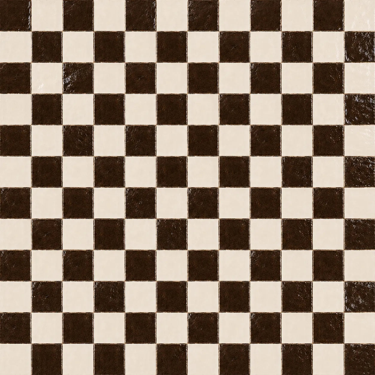 Pattern repeat of Lucienne 4×4 Zellige checkerboard in Espresso & Ivory.