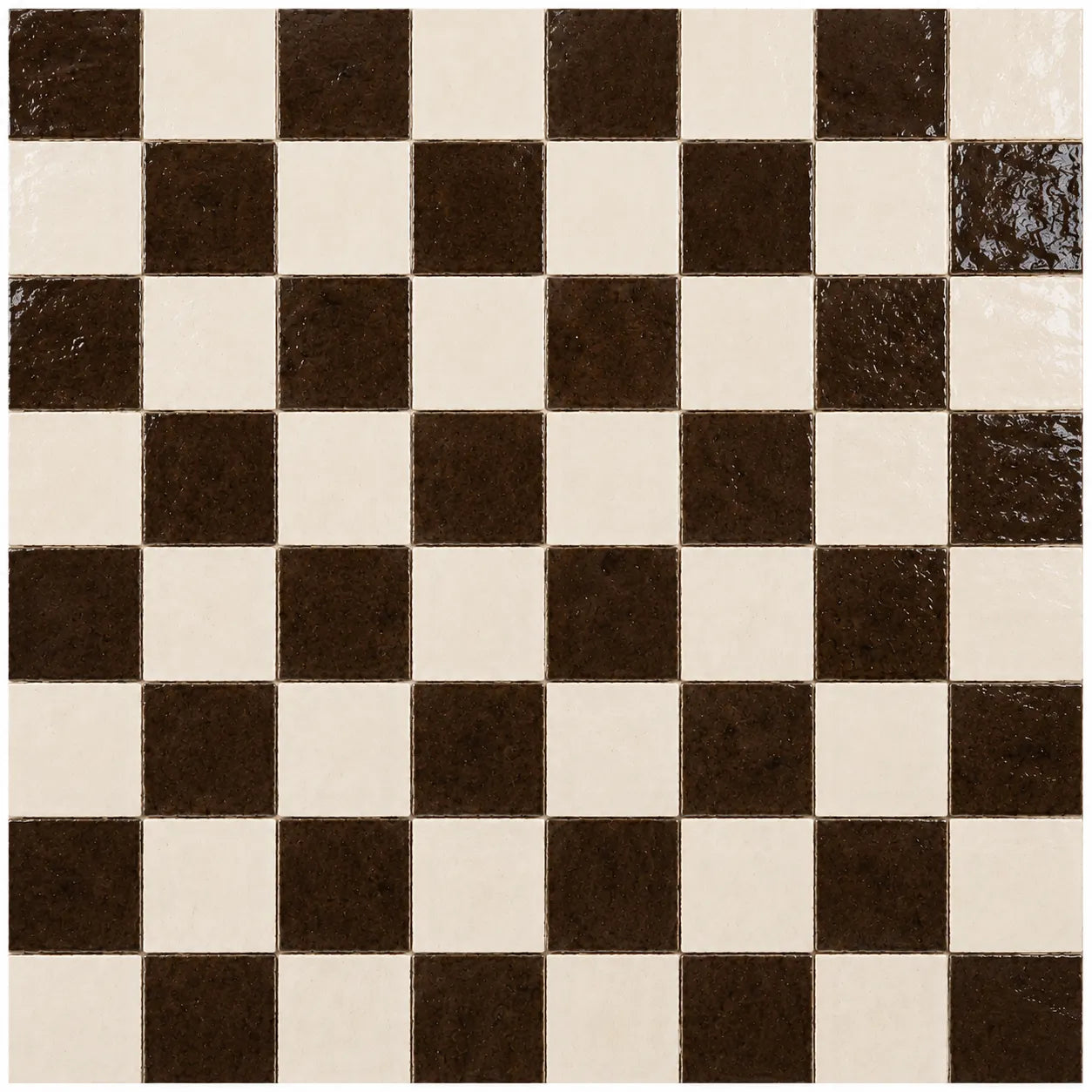 Pattern repeat of Lucienne Checkerboard Zellige Tile showing Espresso and Ivory handcrafted Moroccan Zellige.