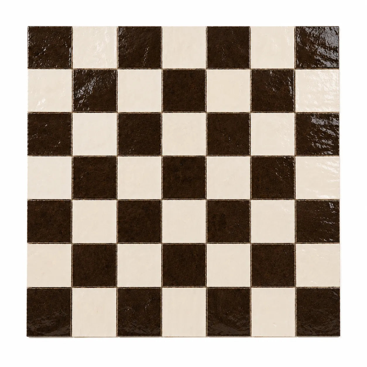 Lucienne 4×4 glossy Zellige checkerboard tile in Espresso & Ivory.