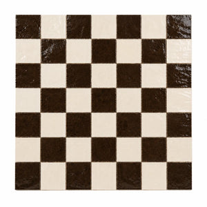 Lucienne Checkerboard Zellige Tile featuring handcrafted Espresso and Ivory Moroccan Zellige in a classic checkerboard pattern.