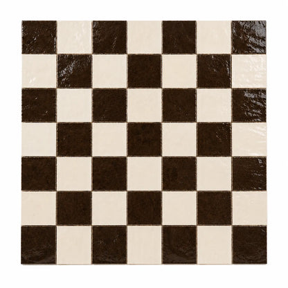 Lucienne Checkerboard Zellige Tile featuring handcrafted Espresso and Ivory Moroccan Zellige in a classic checkerboard pattern.