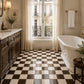 Lucienne Checkerboard Zellige Tile installed in a luxury bathroom featuring Espresso and Ivory handcrafted Moroccan Zellige.