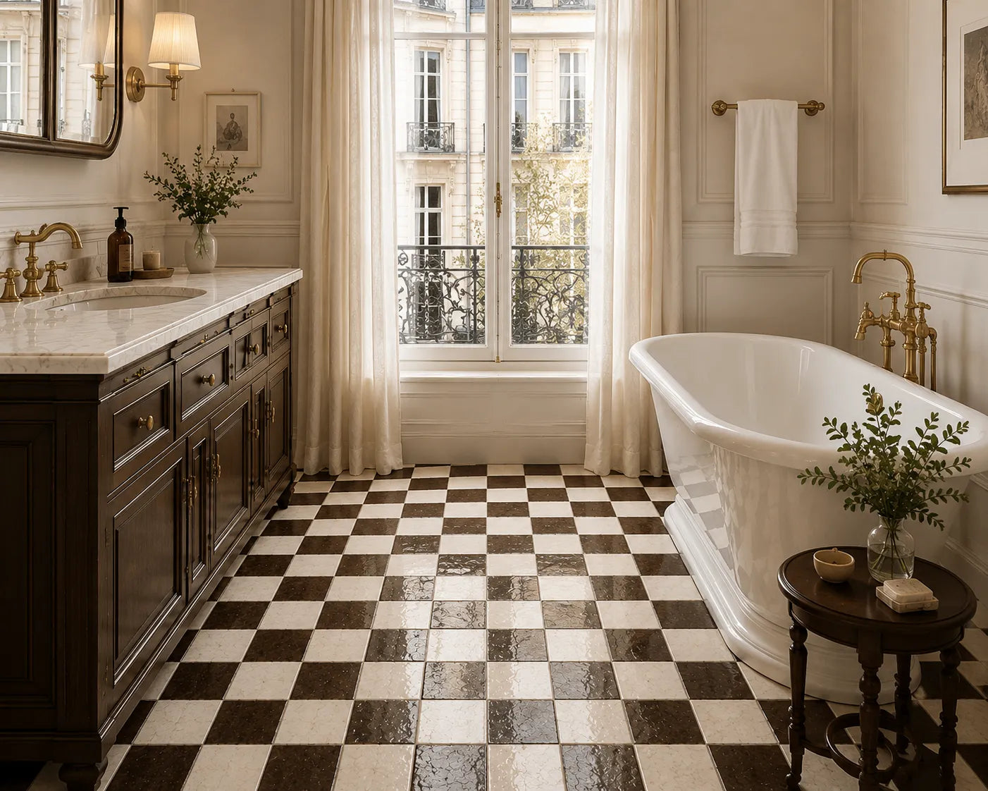 Lucienne 4×4 Zellige checkerboard installed in a bathroom, Espresso & Ivory.