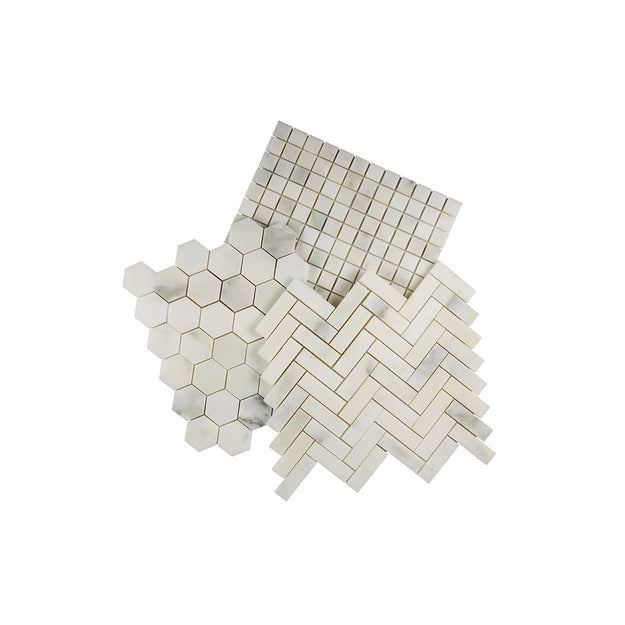 Assorted marble mosaic tiles in hexagon, herringbone, and square grid patterns, showcasing a variety of classic white tones with subtle veining. Ideal for adding texture and elegance to wall and floor installations in modern or traditional designs.