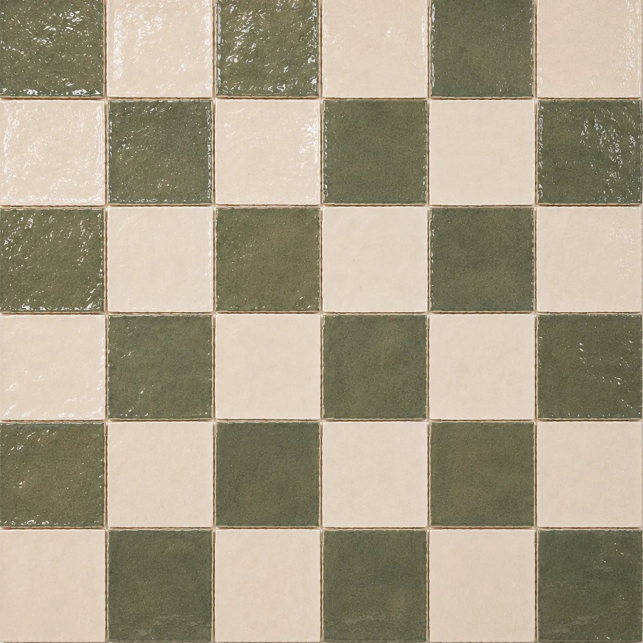 Pattern repeat of Noémie 4×4 Zellige checkerboard in Soft Sand & Ivory.
