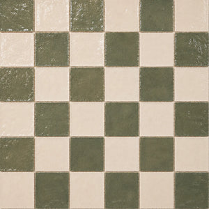 Pattern repeat of Noémie 4×4 Zellige checkerboard in Soft Sand & Ivory.