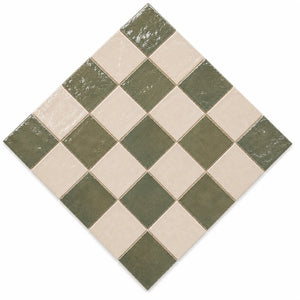 Noemie Checkerboard Zellige Tile displayed in a 45-degree diamond layout featuring Soft Sand and Ivory Moroccan Zellige.