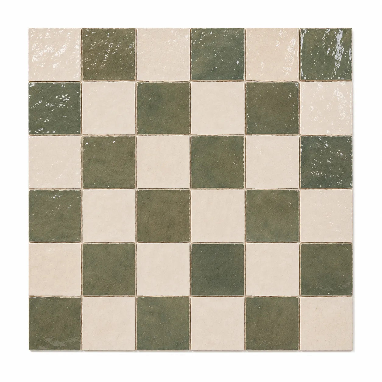 Noémie 4×4 glossy Zellige checkerboard tile in Soft Sand & Ivory.