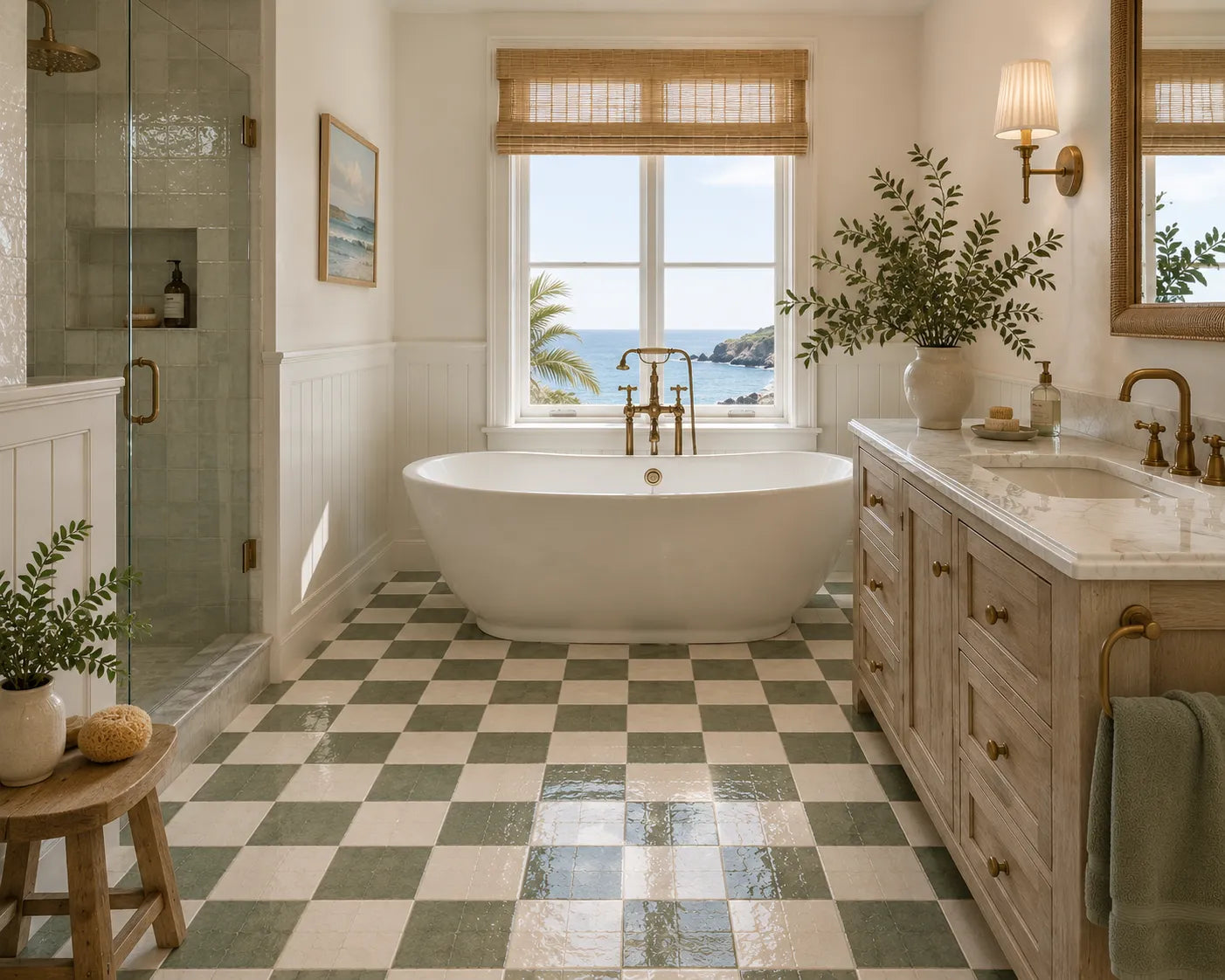 Noémie 4×4 Zellige checkerboard installed in a bathroom, Soft Sand & Ivory.