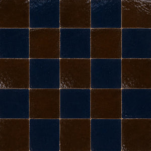 Pattern repeat of Odette Checkerboard Zellige Tile showing Indigo Bazaar and Noir Cacao handcrafted Moroccan Zellige.