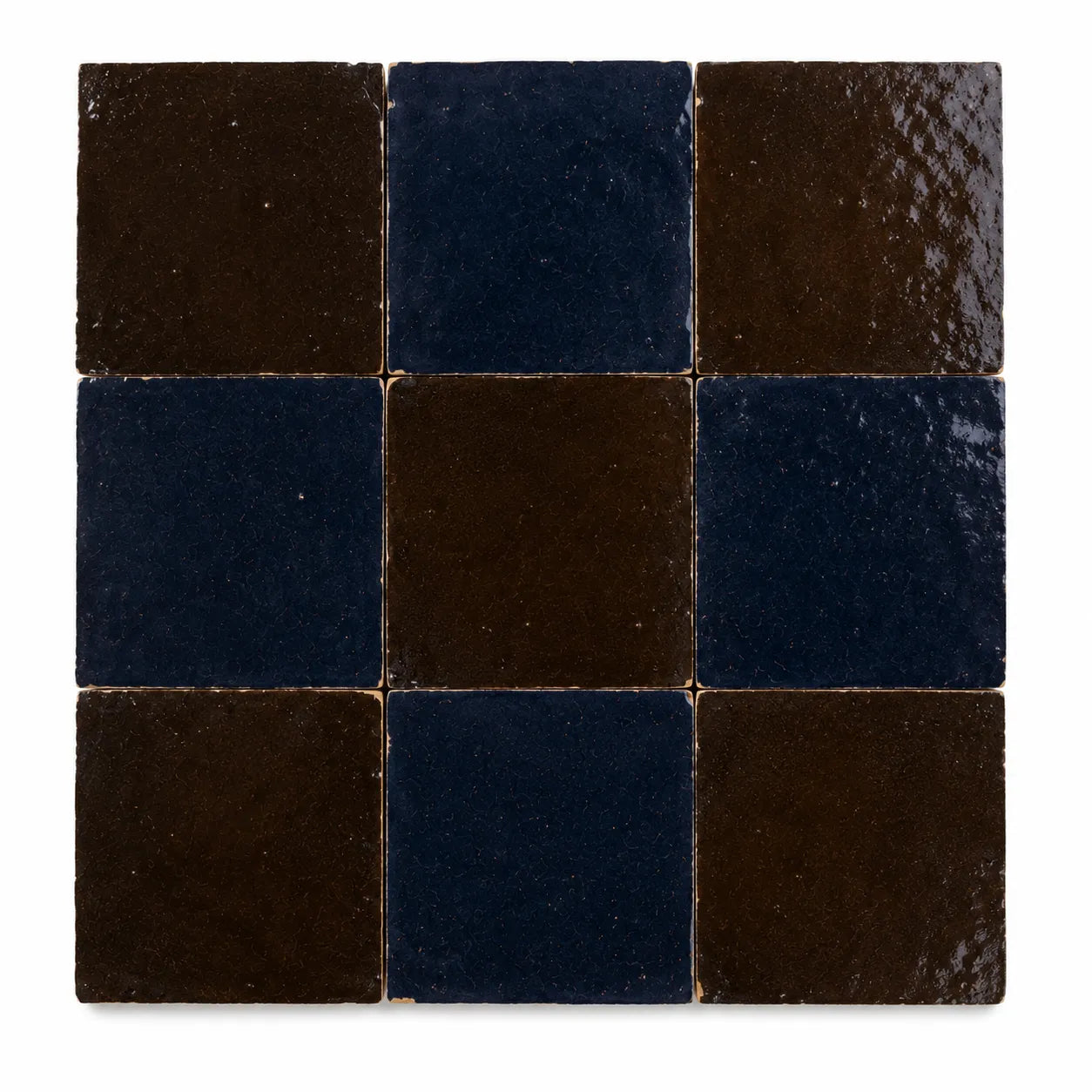 Odette 4×4 glossy Zellige checkerboard tile in Indigo & Cacao.
