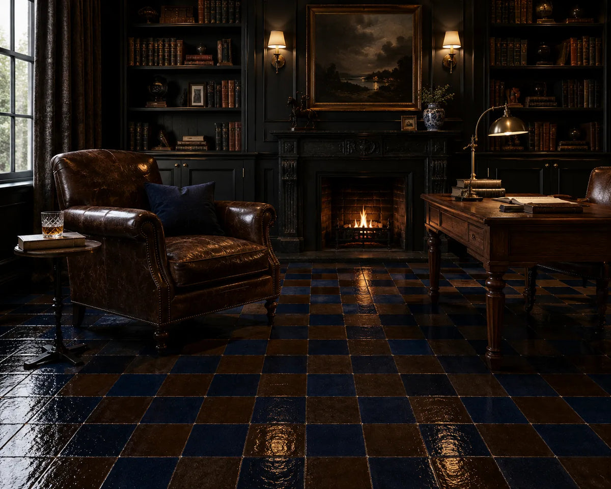 Odette 4×4 Zellige checkerboard installed in a luxury library, Indigo & Cacao.