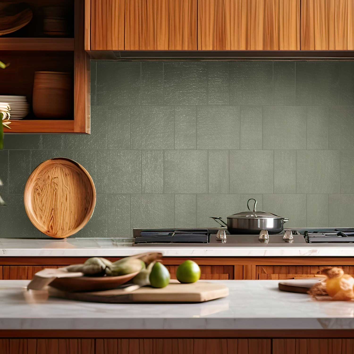 Olive Sage textured porcelain tile kitchen backsplash with warm wood cabinets.