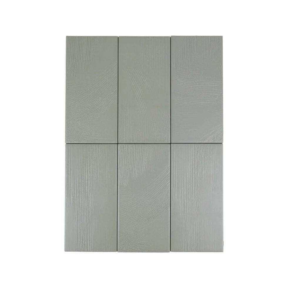 Set of six Olive Sage 3.5×7 tiles showing matte plaster-like surface texture.
