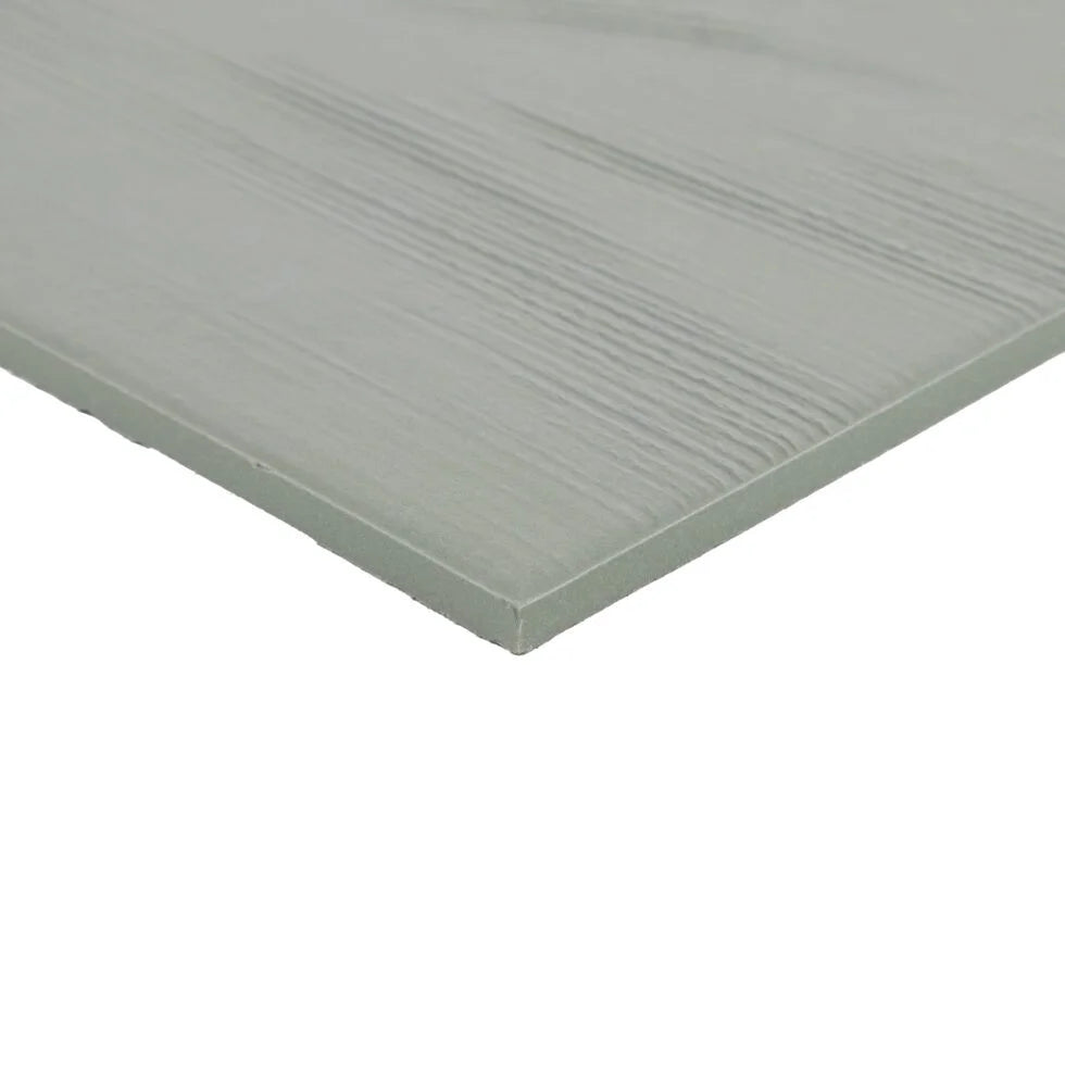 Corner detail of Olive Sage 7×7 porcelain tile highlighting surface striations.