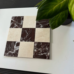 Checkerboard layout with Rosso Levanto marble and milky white marble tiles. The deep red veins of the Rosso Levanto contrast elegantly with the soft beige tone of the white marble.