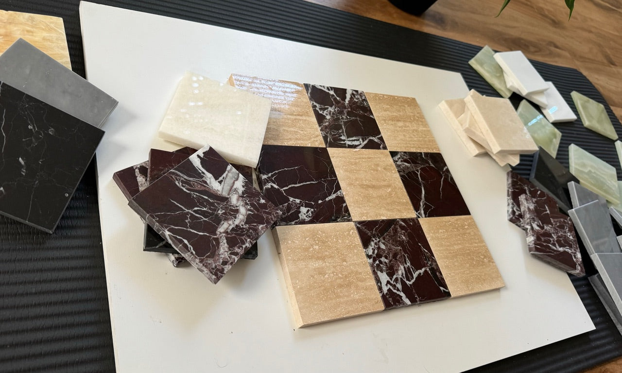 A stylish mix of vein-cut ivory travertine, Rosso Alicante marble, and green onyx tiles arranged for a high-end checkerboard design. Ideal for creating bold and elegant surfaces in residential and commercial spaces.