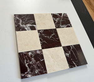 Checkerboard layout with Rosso Levanto marble and milky white marble tiles. The deep red veins of the Rosso Levanto contrast elegantly with the soft beige tone of the white marble.