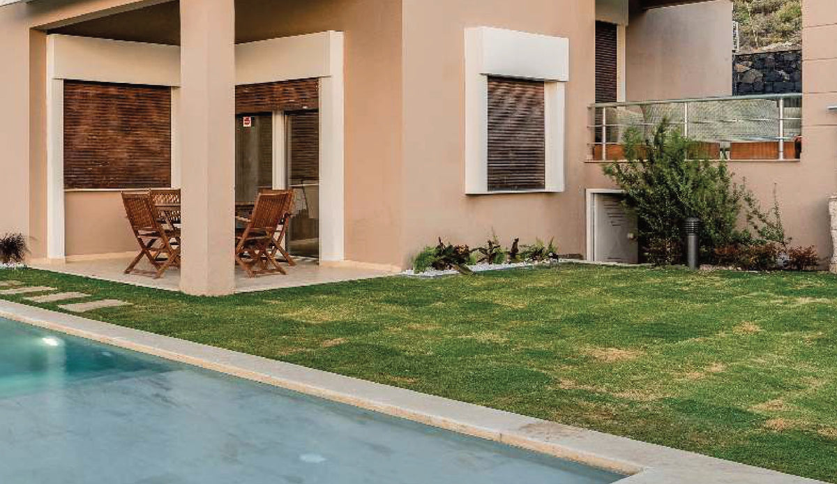 SeraPool Natural Antique Beige porcelain pool tile, close-up of a finished pool surface