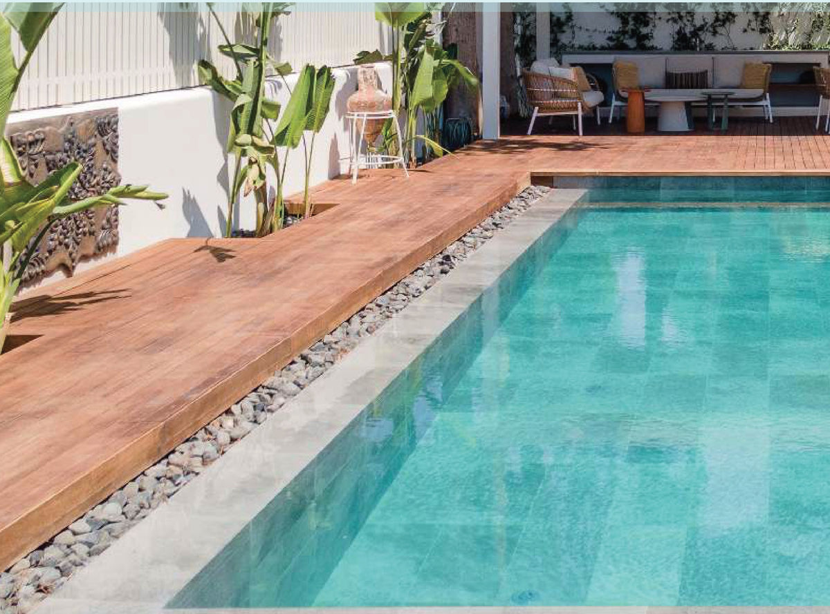 SeraPool Natural Antique Grey porcelain pool tile installed in a finished pool project