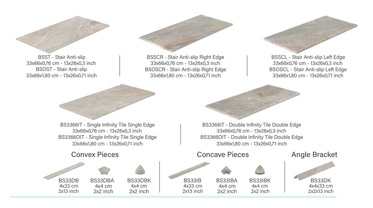 Beige Stone porcelain deck trims: stair treads with right and left returns, infinity-edge tiles, convex and concave pieces and angle trim