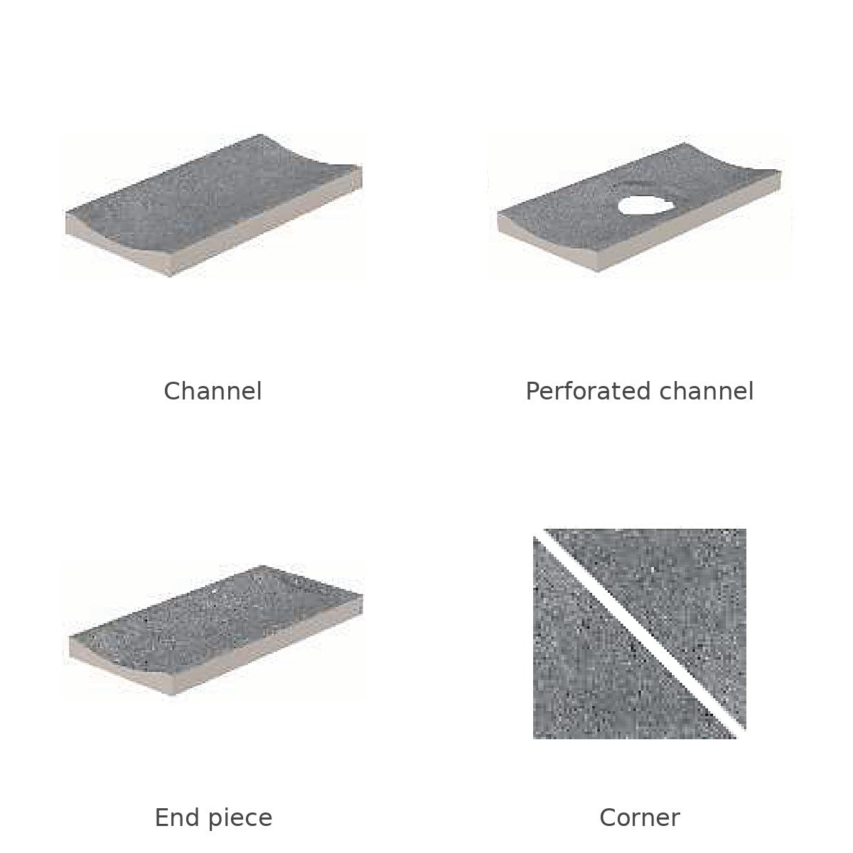 Cement Grey porcelain deck drain channel system: channel, perforated channel, end piece and corner
