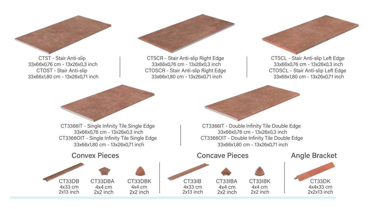 Cotto porcelain deck trims: stair treads with right and left returns, infinity-edge tiles, convex and concave pieces and angle trim