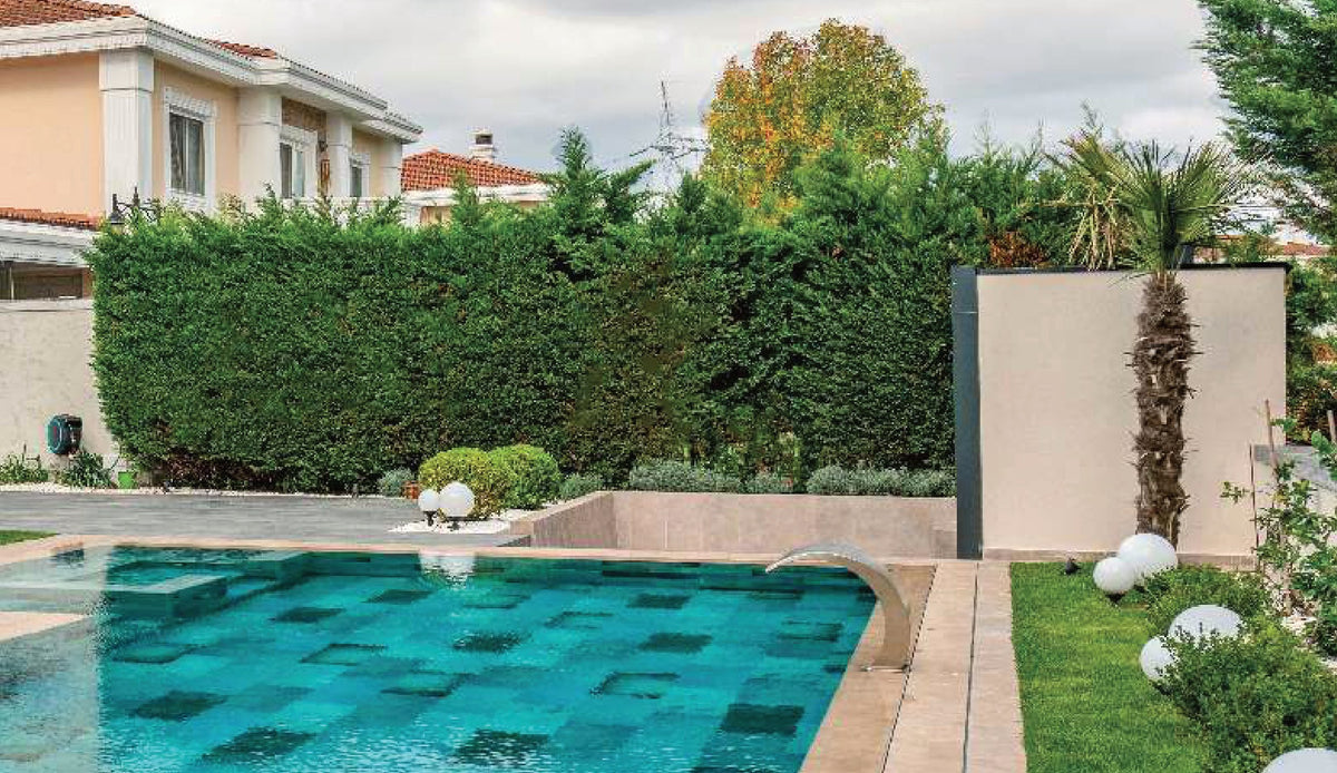SeraPool Natural Firuze Mix porcelain pool tile, close-up of a finished pool surface