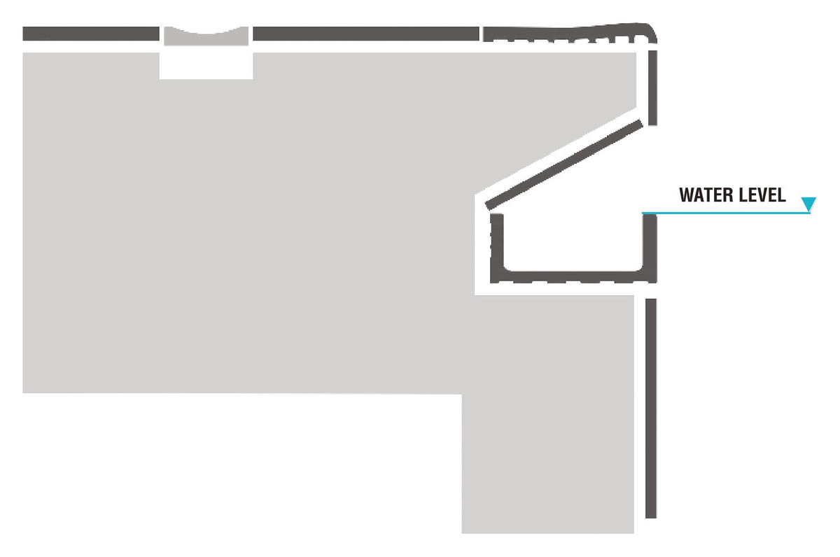 Cross-section of a skimmer pool edge finished with a porcelain flat pool coping