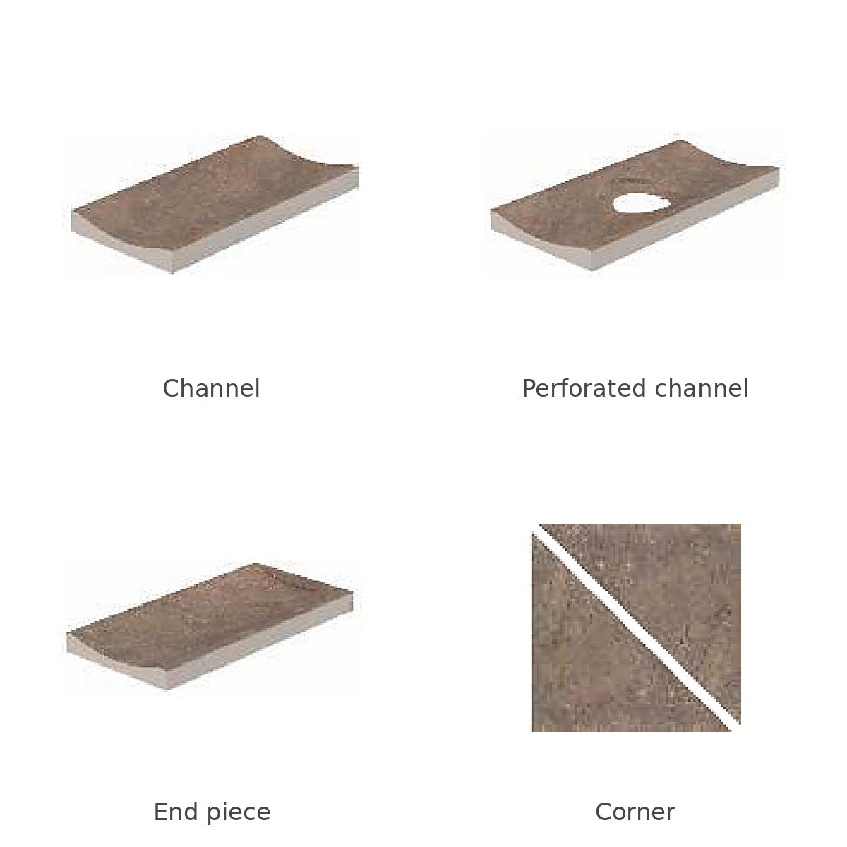 Natural Mocha porcelain deck drain channel system: channel, perforated channel, end piece and corner