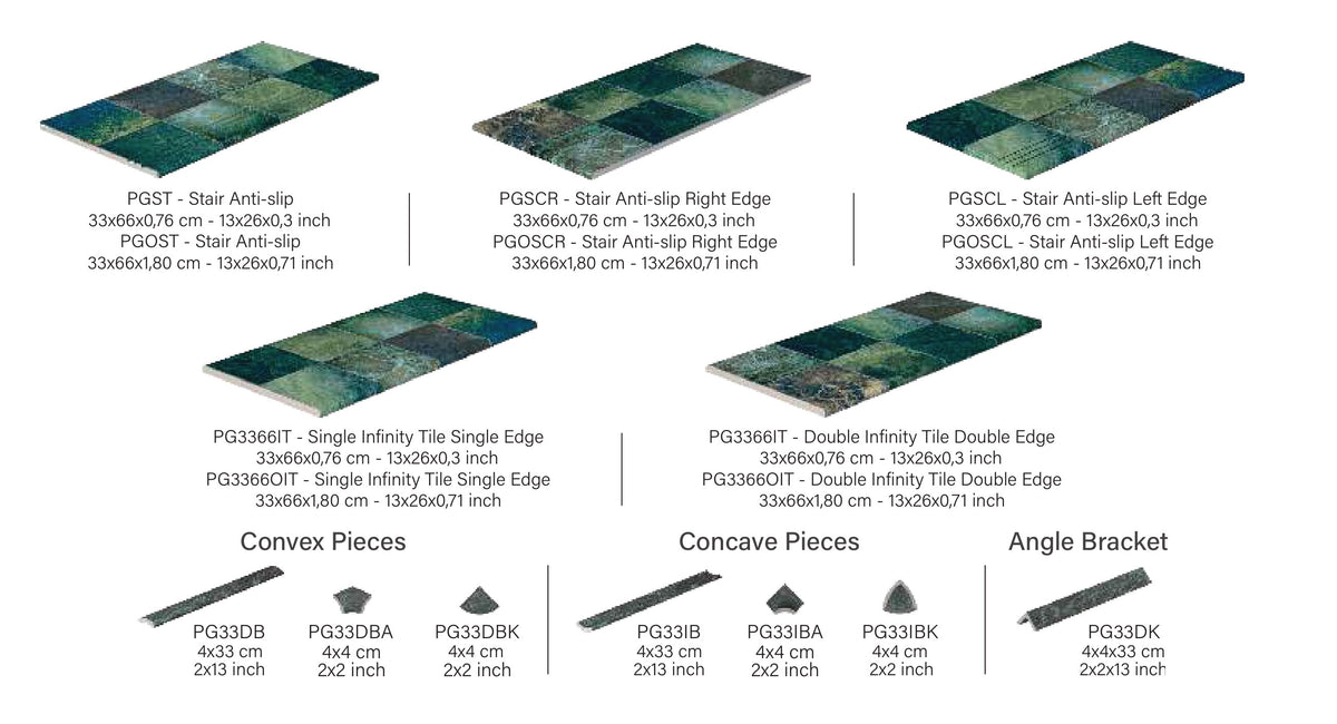 SeraPool Natural Piazza Green porcelain pool trims: step treads, infinity-edge tile, convex and concave pieces and angle trim