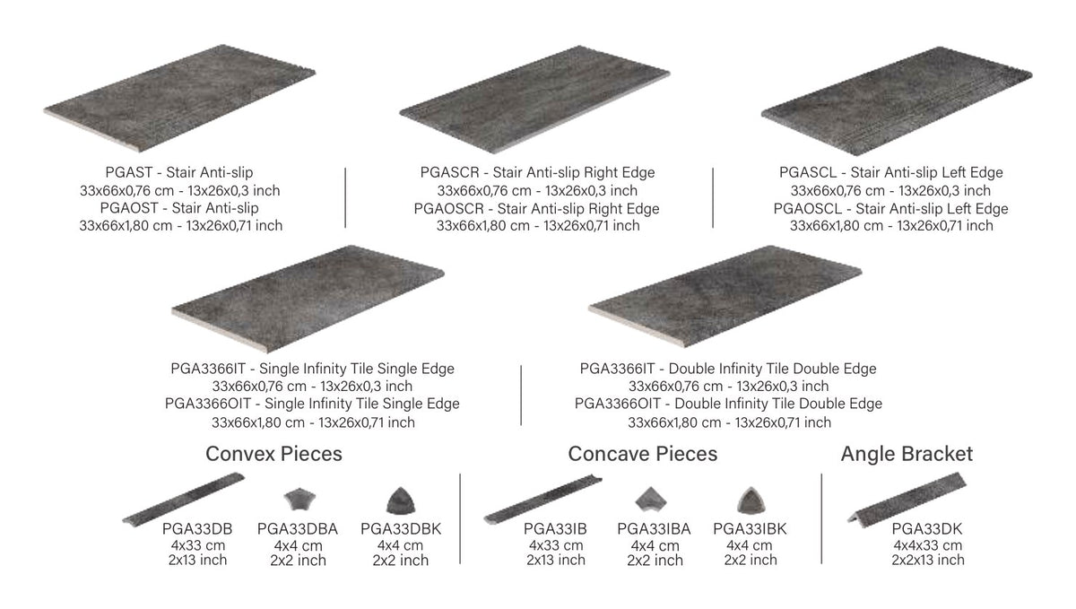 Pool Garden Anthracite porcelain deck trims: stair treads with right and left returns, infinity-edge tiles, convex and concave pieces and angle trim